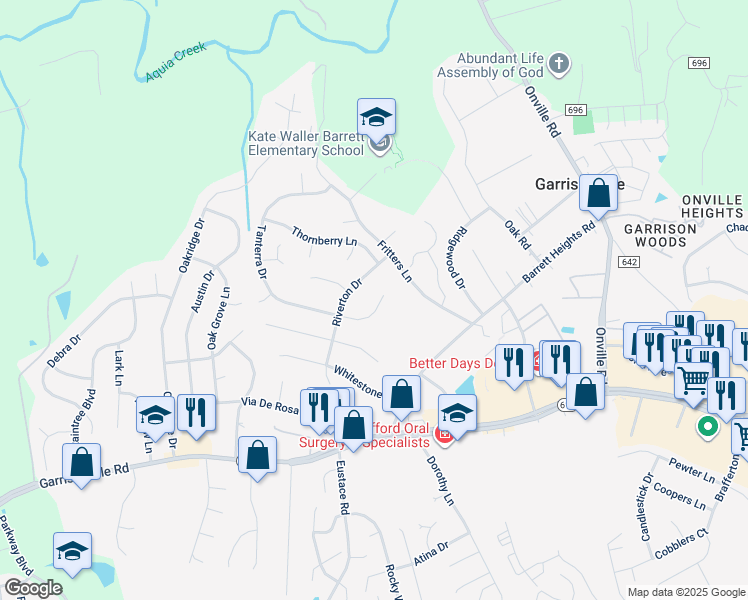 map of restaurants, bars, coffee shops, grocery stores, and more near 99 Tanterra Drive in Stafford
