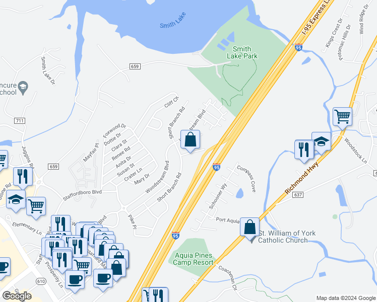 map of restaurants, bars, coffee shops, grocery stores, and more near 26 Ocala Way in Stafford