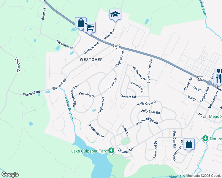 map of restaurants, bars, coffee shops, grocery stores, and more near 476 Kearns Drive in Culpeper