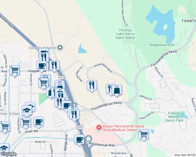 map of restaurants, bars, coffee shops, grocery stores, and more near 3585 Round Barn Blvd in Santa Rosa