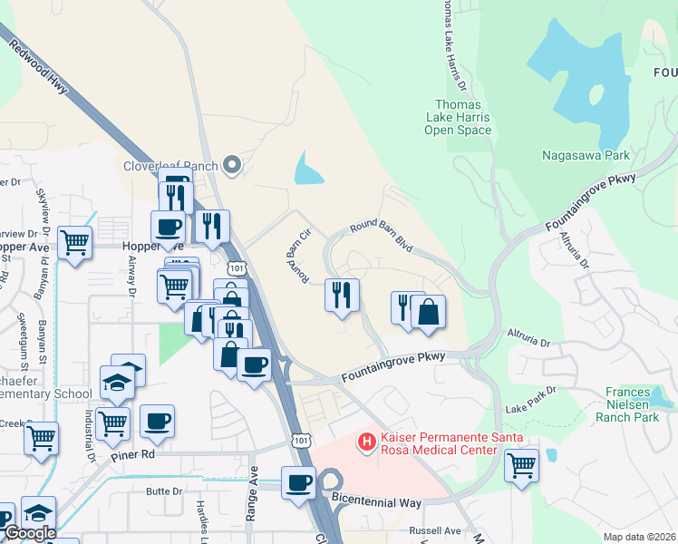 map of restaurants, bars, coffee shops, grocery stores, and more near 3560-3598 Round Barn Boulevard in Santa Rosa