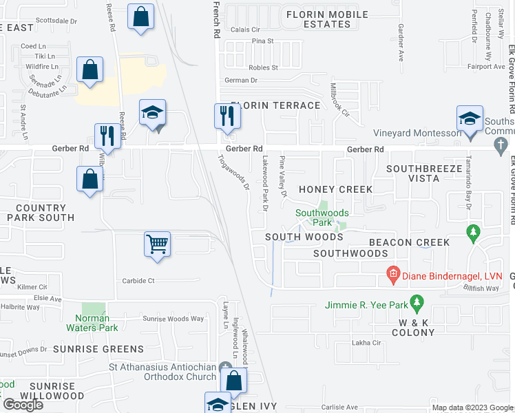 map of restaurants, bars, coffee shops, grocery stores, and more near 8547 Tahoe Woods Court in Sacramento
