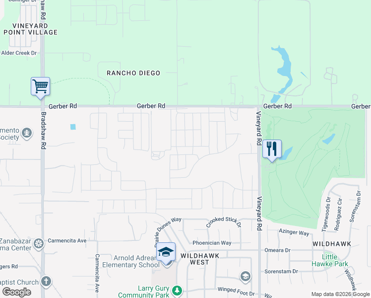 map of restaurants, bars, coffee shops, grocery stores, and more near 9850 Gerber Road in Sacramento