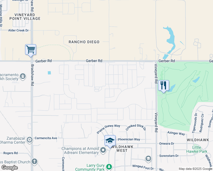 map of restaurants, bars, coffee shops, grocery stores, and more near 9850 Gerber Road in Sacramento