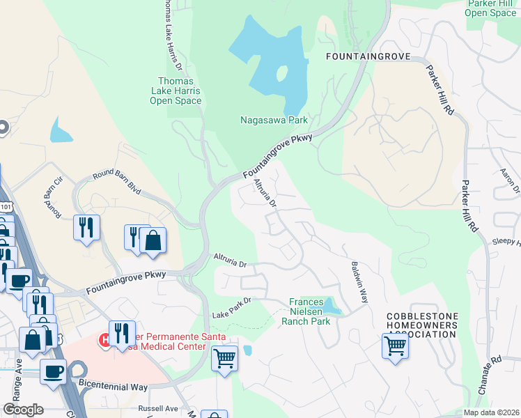 map of restaurants, bars, coffee shops, grocery stores, and more near 1907 Gardenview Circle in Santa Rosa