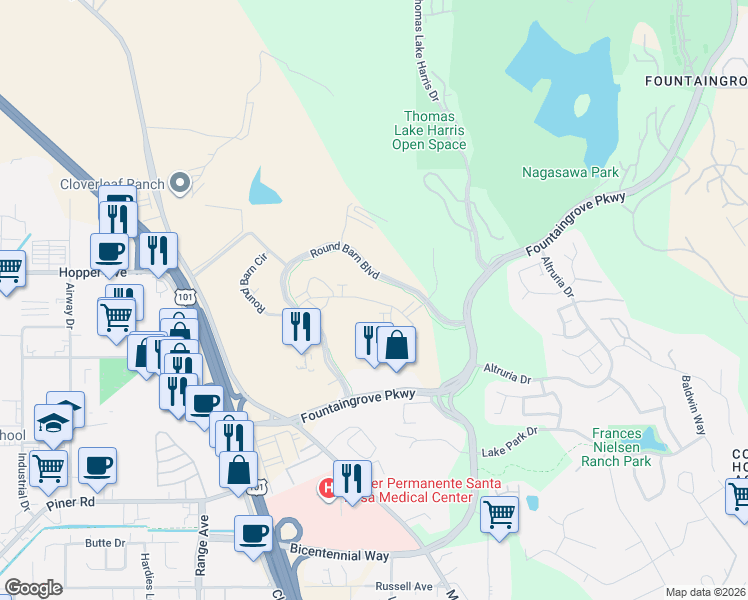 map of restaurants, bars, coffee shops, grocery stores, and more near 3593 Round Barn Boulevard in Santa Rosa
