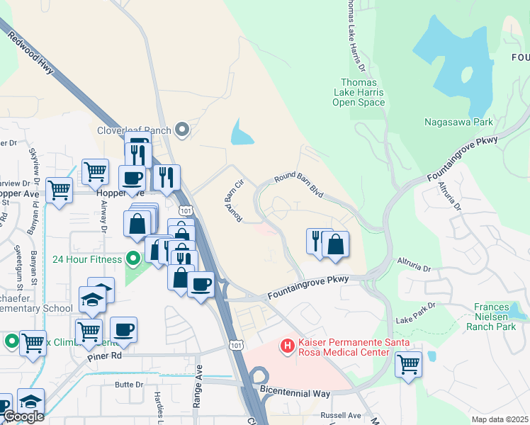 map of restaurants, bars, coffee shops, grocery stores, and more near 3560-3598 Round Barn Boulevard in Santa Rosa