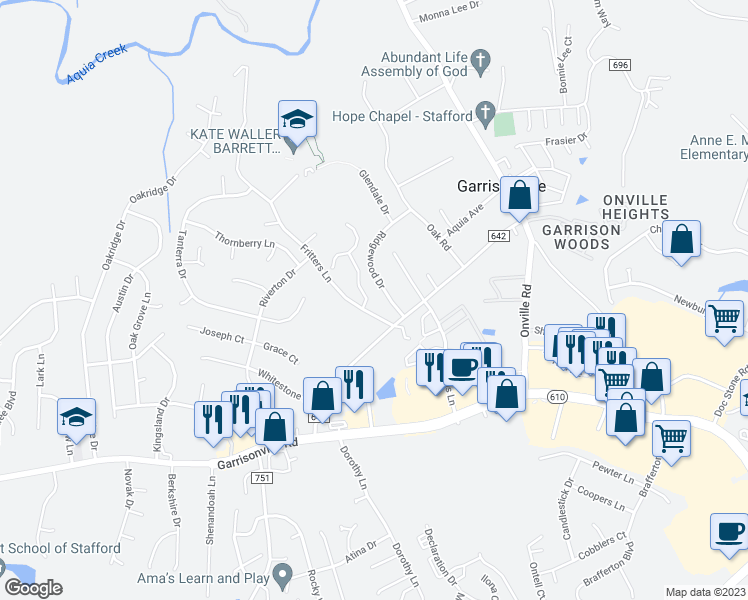 map of restaurants, bars, coffee shops, grocery stores, and more near 6 Braewood Drive in Stafford