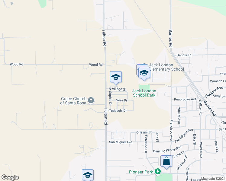 map of restaurants, bars, coffee shops, grocery stores, and more near 2575 North Village Drive in Santa Rosa