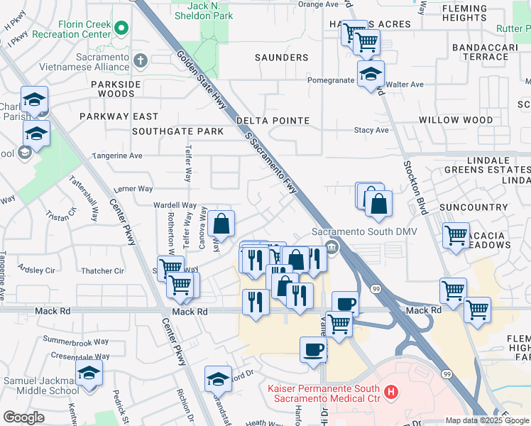 map of restaurants, bars, coffee shops, grocery stores, and more near 13 Omaha Court in Sacramento