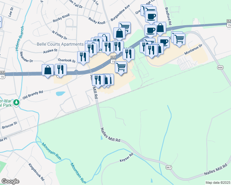 map of restaurants, bars, coffee shops, grocery stores, and more near 791 Nalles Mill Road in Culpeper
