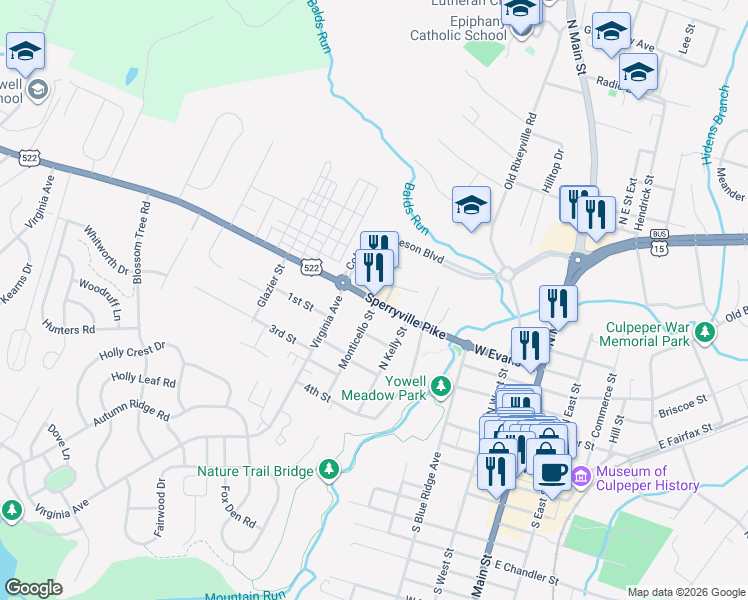 map of restaurants, bars, coffee shops, grocery stores, and more near 606 Sperryville Pike in Culpeper
