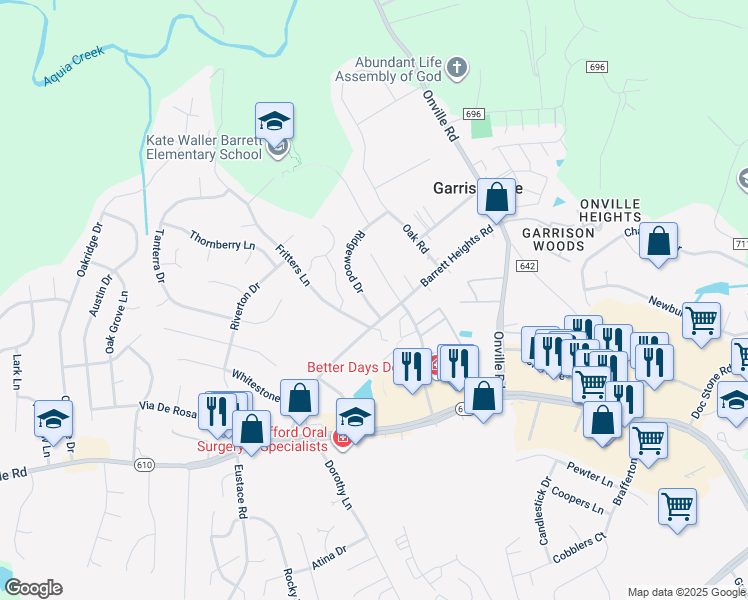 map of restaurants, bars, coffee shops, grocery stores, and more near 6 Ridgewood Drive in Stafford