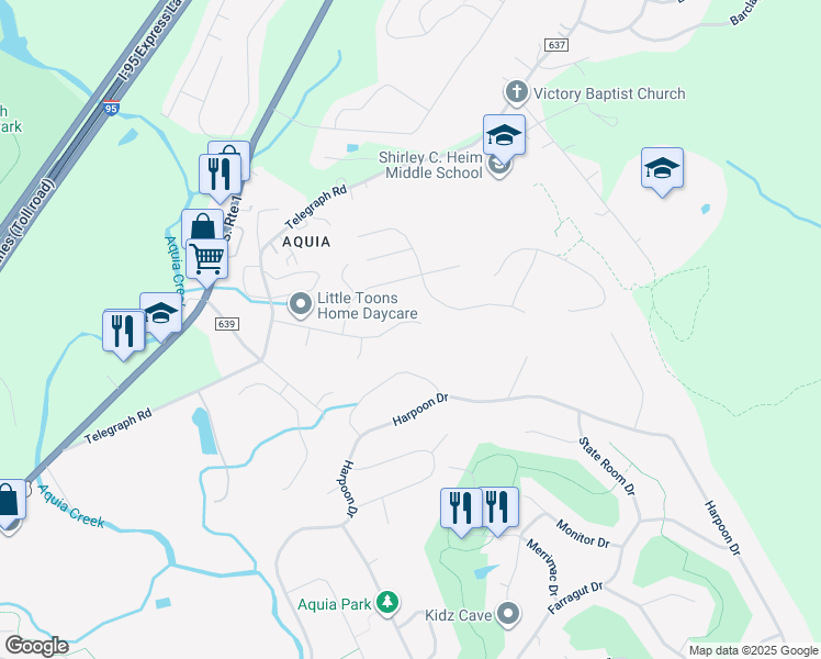 map of restaurants, bars, coffee shops, grocery stores, and more near 76 Brentsmill Drive in Stafford