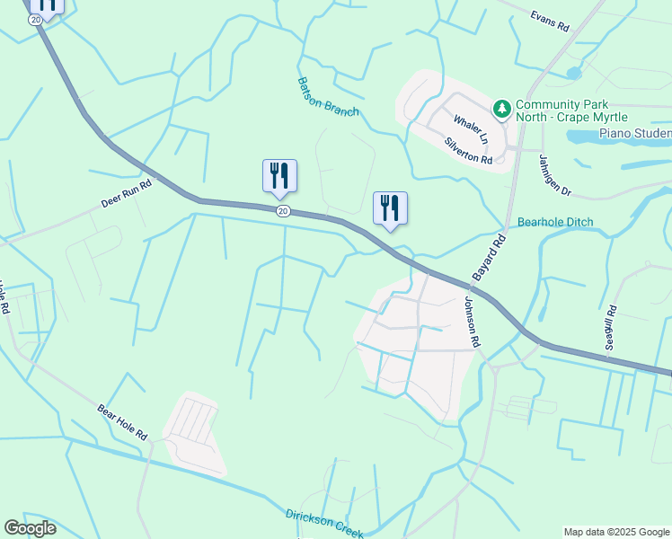 map of restaurants, bars, coffee shops, grocery stores, and more near 23418 East Drive in Frankford