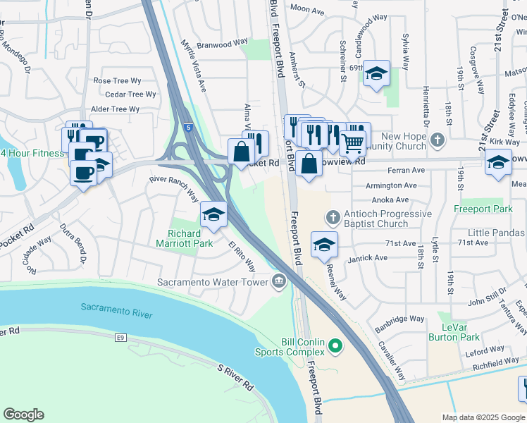 map of restaurants, bars, coffee shops, grocery stores, and more near 7624-7630 Freeport Boulevard in Sacramento
