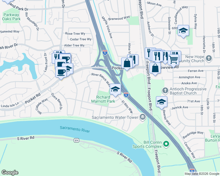 map of restaurants, bars, coffee shops, grocery stores, and more near 7566 River Ranch Way in Sacramento