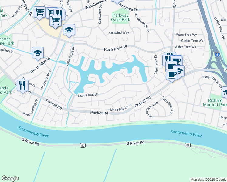 map of restaurants, bars, coffee shops, grocery stores, and more near 869 Lake Front Drive in Sacramento