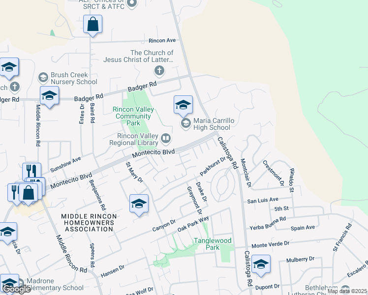 map of restaurants, bars, coffee shops, grocery stores, and more near 7031-7053 Montecito Blvd in Santa Rosa