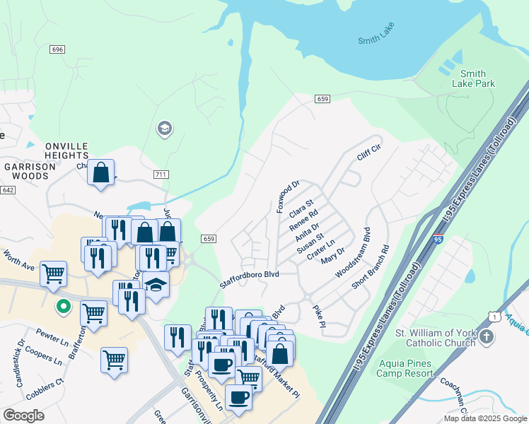 map of restaurants, bars, coffee shops, grocery stores, and more near 313 Mayfair Place in Stafford