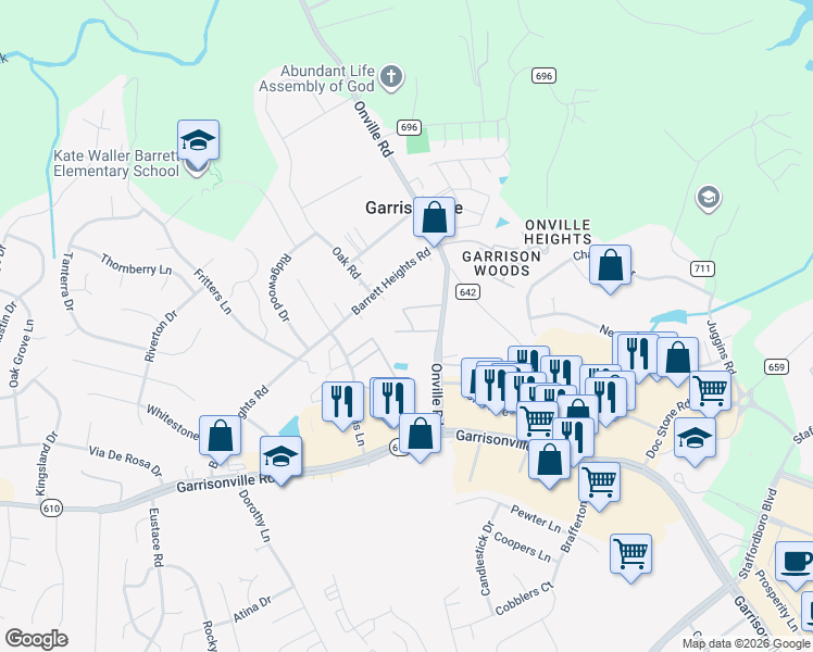 map of restaurants, bars, coffee shops, grocery stores, and more near 100 Stafford Mews Lane in Stafford