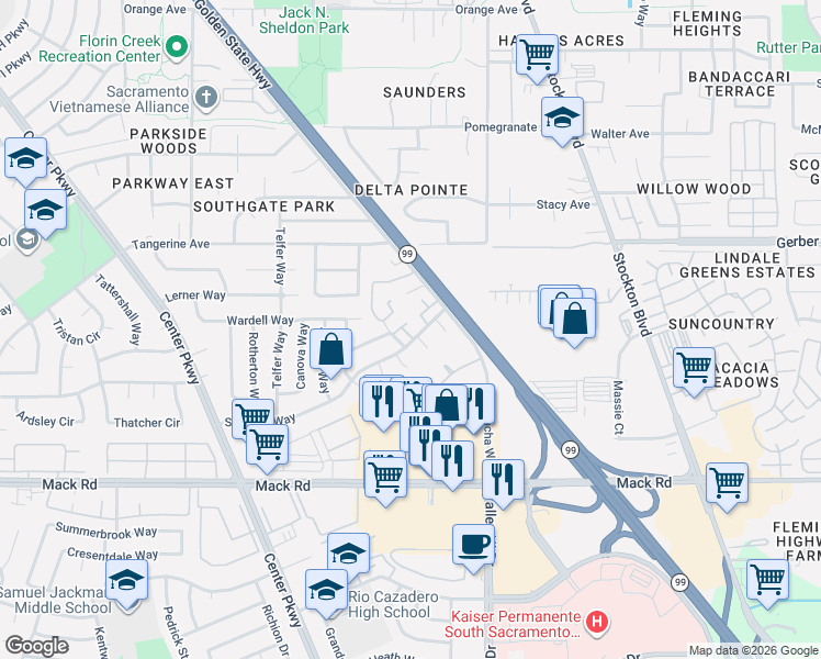 map of restaurants, bars, coffee shops, grocery stores, and more near 6341 Seyferth Way in Sacramento