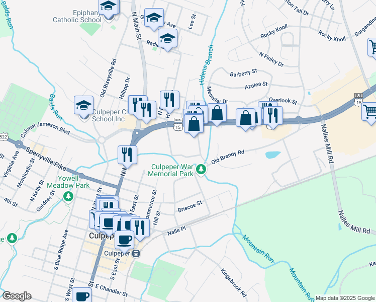 map of restaurants, bars, coffee shops, grocery stores, and more near 540 Culpeper Town Square in Culpeper