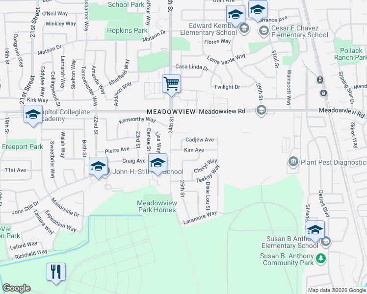 map of restaurants, bars, coffee shops, grocery stores, and more near 2520 Cadjew Avenue in Sacramento