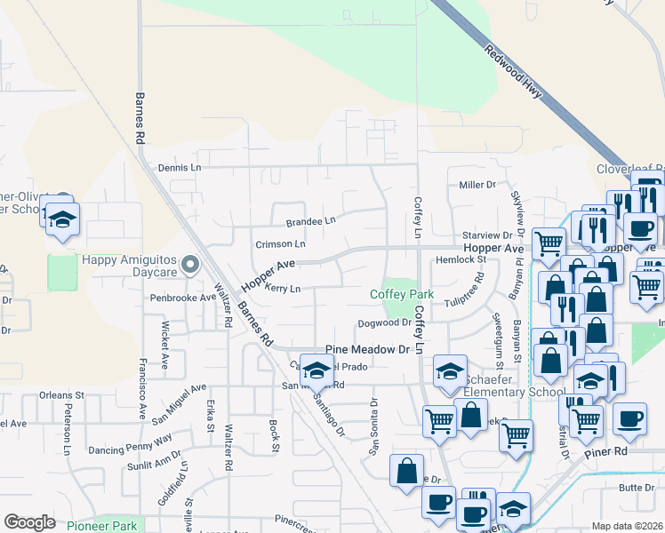map of restaurants, bars, coffee shops, grocery stores, and more near 1641 Hopper Avenue in Santa Rosa