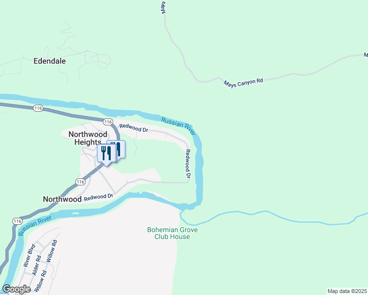 map of restaurants, bars, coffee shops, grocery stores, and more near 19495 Redwood Drive in Monte Rio
