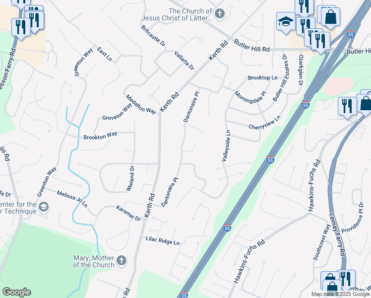 map of restaurants, bars, coffee shops, grocery stores, and more near 5532 Dantonaire Place in St. Louis