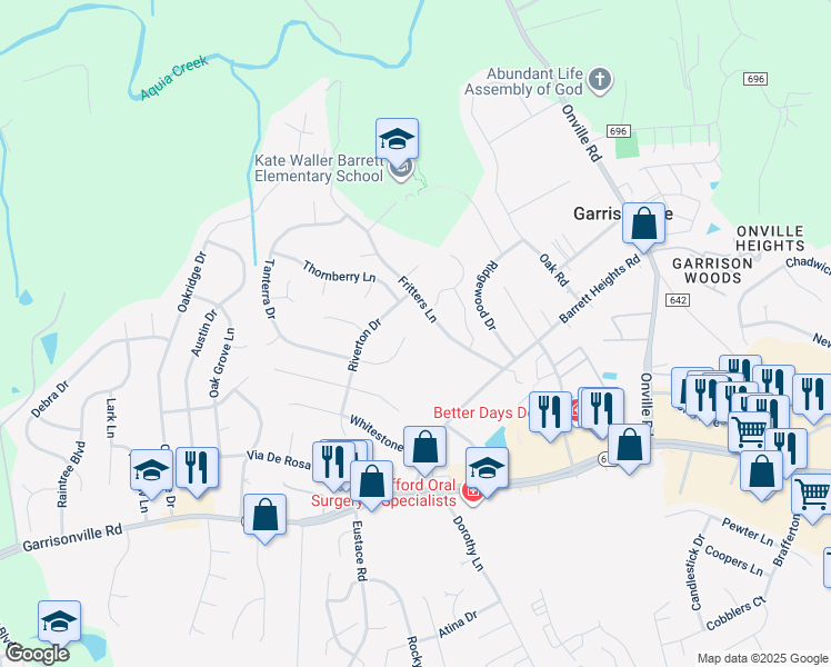 map of restaurants, bars, coffee shops, grocery stores, and more near 104 Tanterra Drive in Stafford
