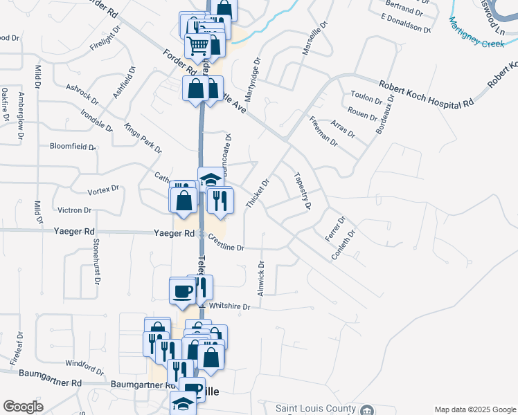 map of restaurants, bars, coffee shops, grocery stores, and more near 174 Burncoate Drive in St. Louis