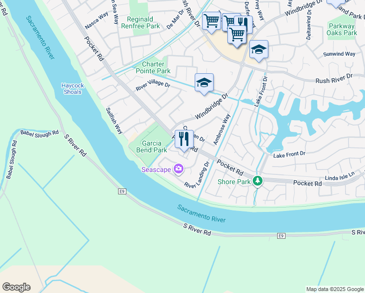 map of restaurants, bars, coffee shops, grocery stores, and more near 7735 George River Lane in Sacramento