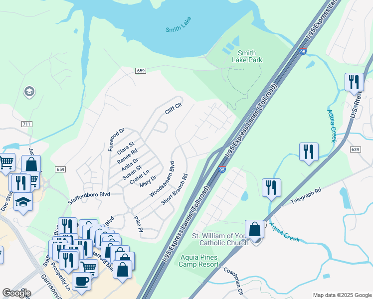 map of restaurants, bars, coffee shops, grocery stores, and more near 162 Short Branch Road in Stafford