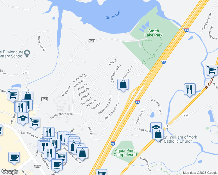 map of restaurants, bars, coffee shops, grocery stores, and more near 283 Woodstream Boulevard in Stafford