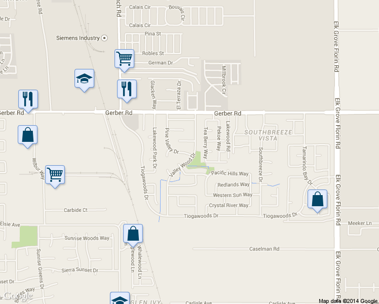 map of restaurants, bars, coffee shops, grocery stores, and more near 7683 Pine Valley Drive in Sacramento