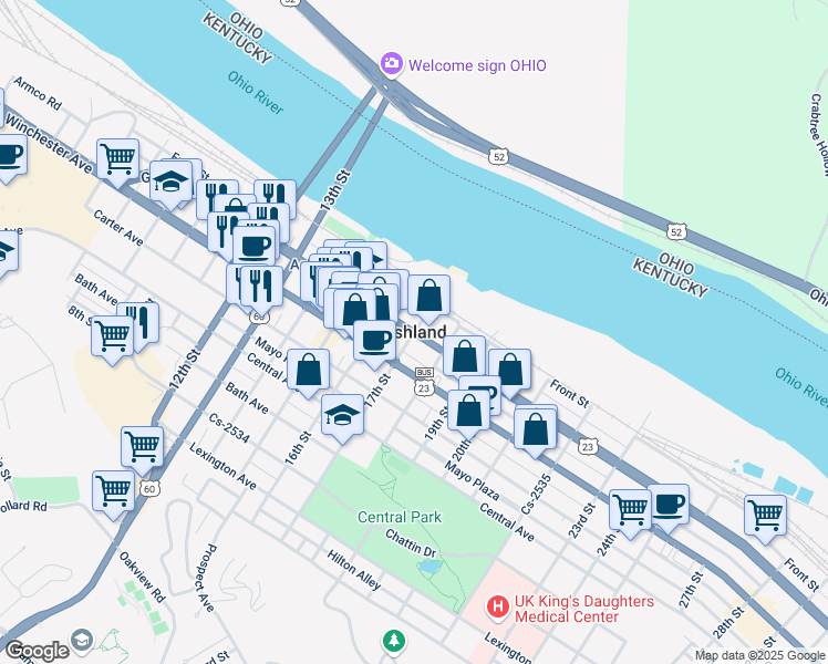 map of restaurants, bars, coffee shops, grocery stores, and more near in Ashland