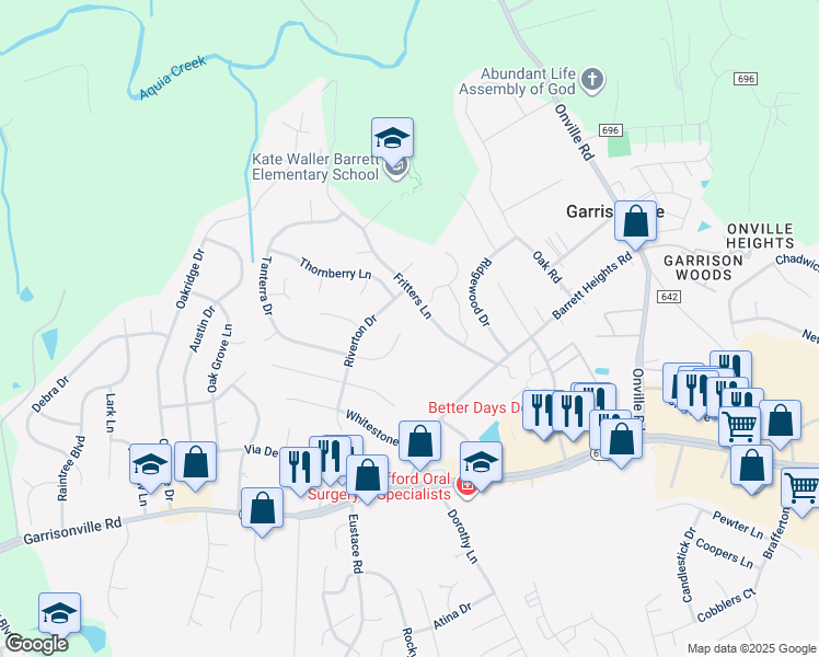 map of restaurants, bars, coffee shops, grocery stores, and more near 104 Tanterra Drive in Stafford