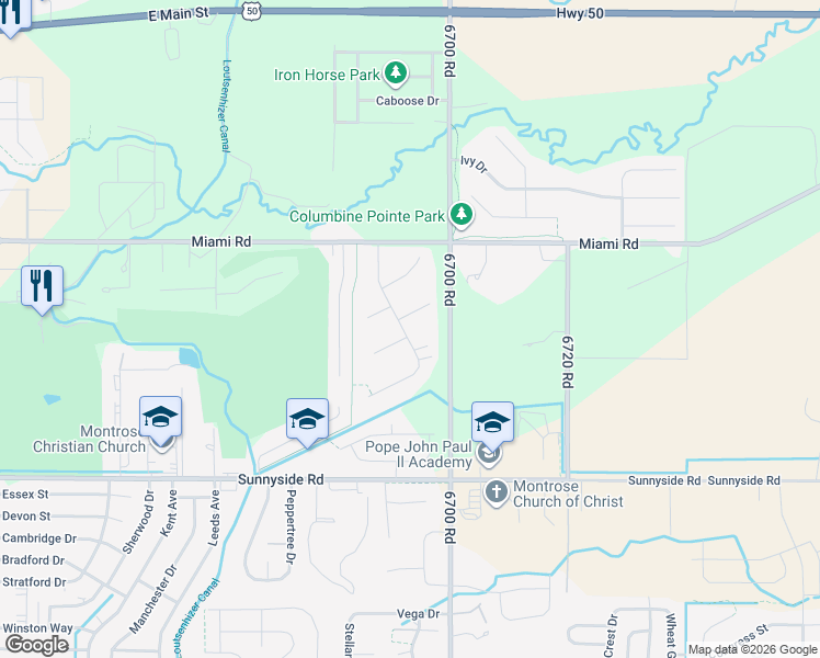 map of restaurants, bars, coffee shops, grocery stores, and more near 2710 Daisy Court in Montrose