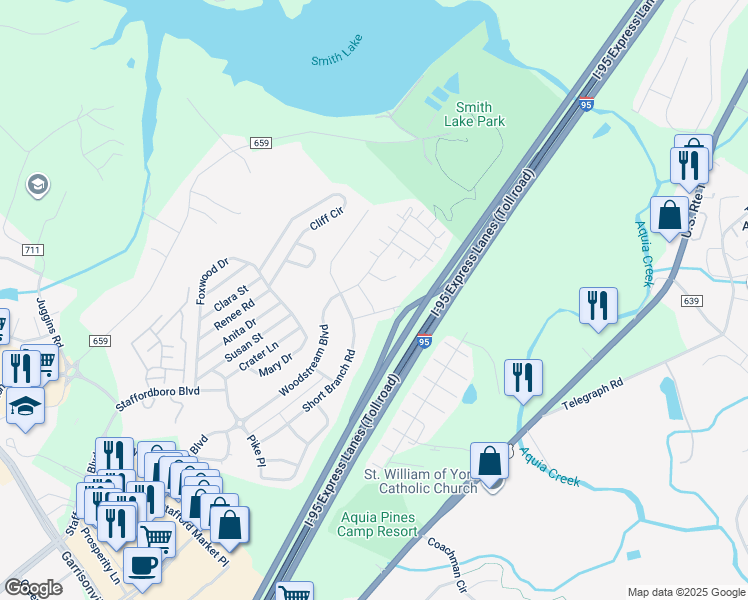 map of restaurants, bars, coffee shops, grocery stores, and more near 21 Ocala Way in Stafford