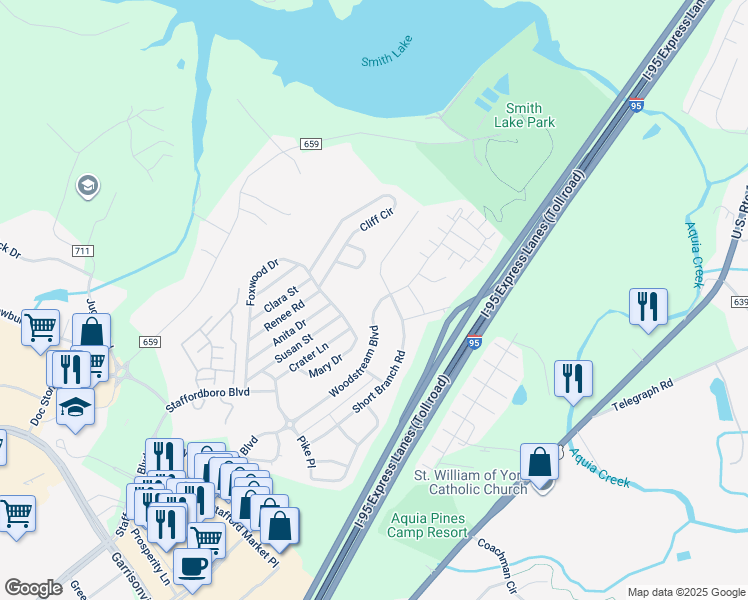 map of restaurants, bars, coffee shops, grocery stores, and more near 287 Woodstream Boulevard in Stafford