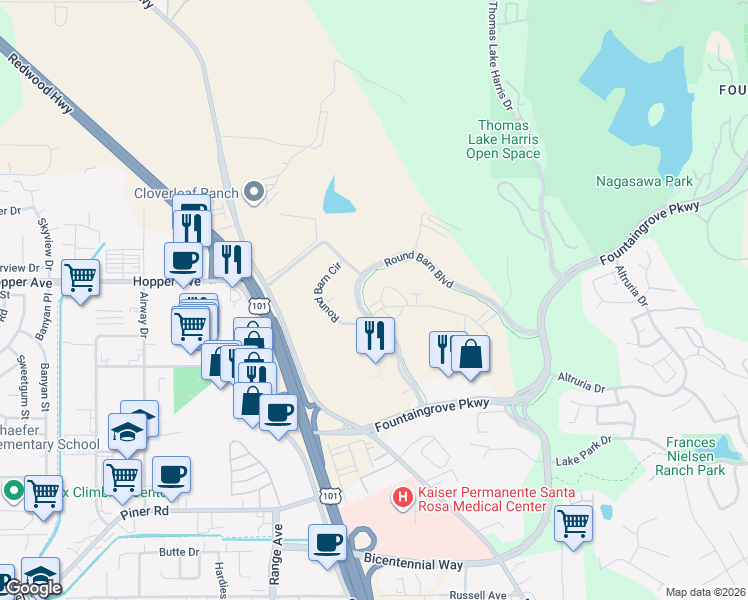 map of restaurants, bars, coffee shops, grocery stores, and more near 3560-3598 Round Barn Boulevard in Santa Rosa