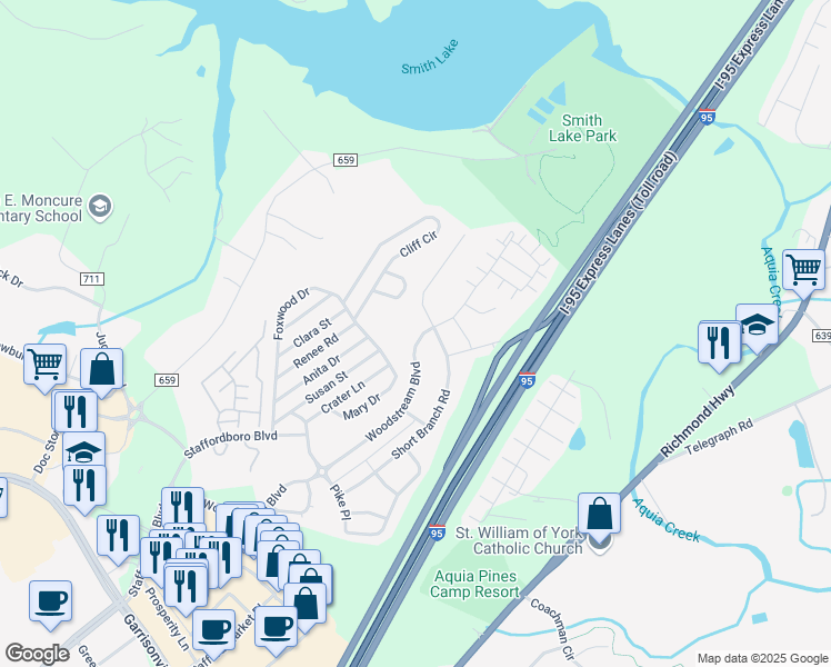 map of restaurants, bars, coffee shops, grocery stores, and more near 287 Woodstream Boulevard in Stafford