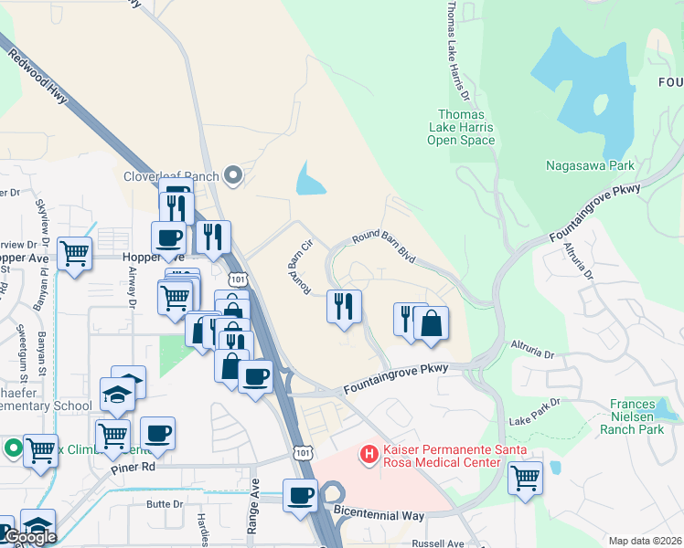 map of restaurants, bars, coffee shops, grocery stores, and more near 3560-3598 Round Barn Boulevard in Santa Rosa