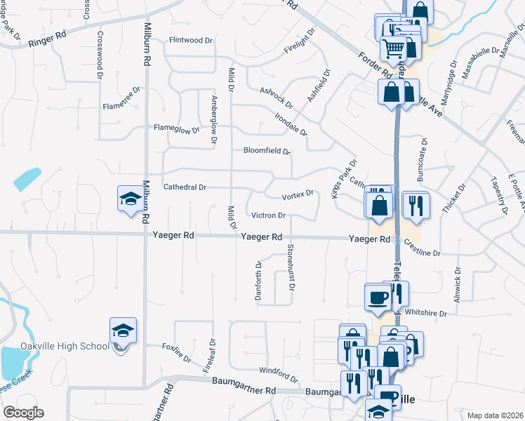 map of restaurants, bars, coffee shops, grocery stores, and more near 2674 Vortex Drive in St. Louis