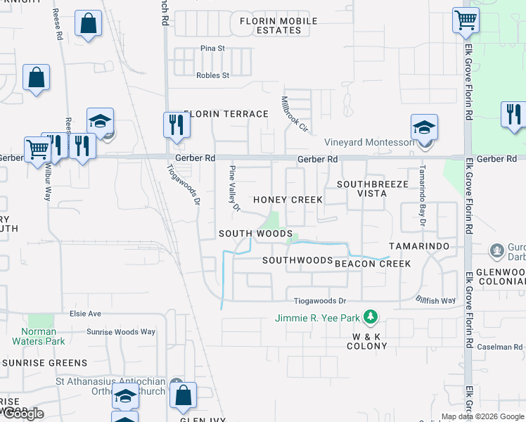 map of restaurants, bars, coffee shops, grocery stores, and more near 7683 Pine Valley Drive in Sacramento