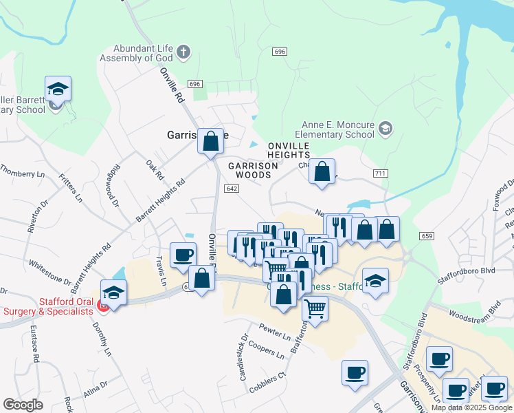 map of restaurants, bars, coffee shops, grocery stores, and more near 45 Evans Lane in Stafford