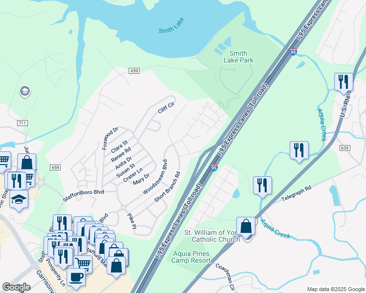 map of restaurants, bars, coffee shops, grocery stores, and more near 14 Ocala Way in Stafford