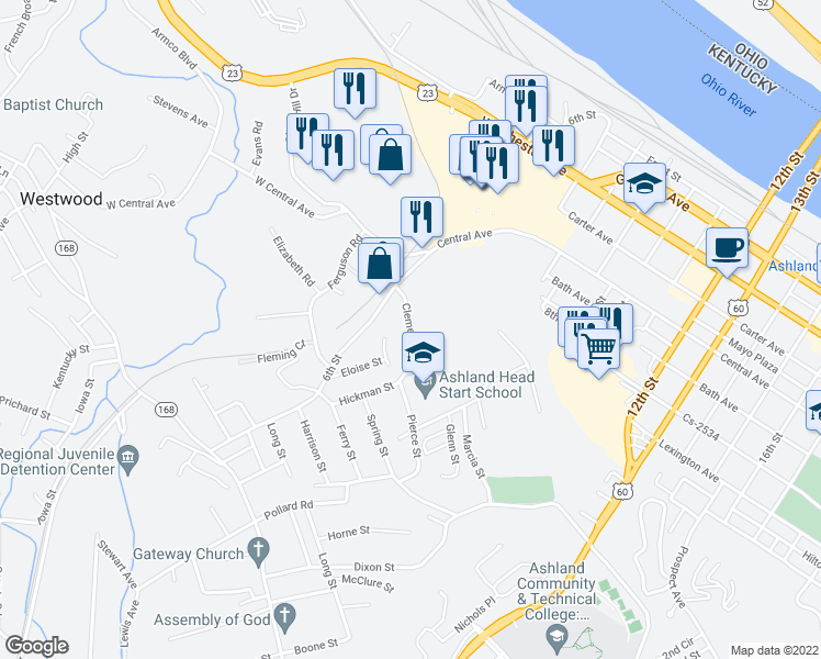 map of restaurants, bars, coffee shops, grocery stores, and more near Clements Drive in Ashland